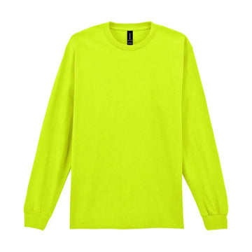Gildan Ultra Cotton Pitkähihainen Huomiopaita kahdella Painatuksella - min. 20kpl - Vihreä (Safety Green-Yellow) / 3XL